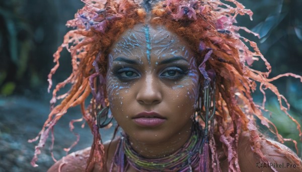 1girl,solo,long hair,looking at viewer,blue eyes,hair ornament,jewelry,closed mouth,earrings,artist name,dark skin,necklace,orange hair,blurry,dark-skinned female,lips,eyelashes,blurry background,facial mark,portrait,realistic,nose,facepaint,neck ring,straight-on,very dark skin,dreadlocks,tribal,flower,hair flower,makeup,watermark,close-up,freckles