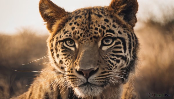 solo,looking at viewer,open mouth,blurry,no humans,depth of field,blurry background,animal,fangs,cat,portrait,realistic,animal focus,whiskers,tiger,closed mouth,signature,close-up