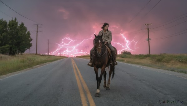 solo,short hair,shirt,black hair,long sleeves,1boy,white shirt,male focus,outdoors,sky,collared shirt,pants,cloud,tree,animal,grass,scenery,electricity,road,riding,wide shot,power lines,horse,utility pole,lightning,horseback riding,pink sky,holding,jacket,full body,ponytail,necktie,facial hair,black pants,cloudy sky,black necktie,sunset,twilight,red sky,reins