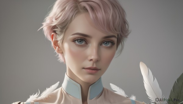 1girl,solo,looking at viewer,short hair,bangs,blue eyes,blonde hair,simple background,closed mouth,pink hair,male focus,grey background,lips,grey eyes,eyelashes,feathers,portrait,androgynous,freckles,realistic,nose,very short hair,brown hair,white background,artist name,makeup,straight-on