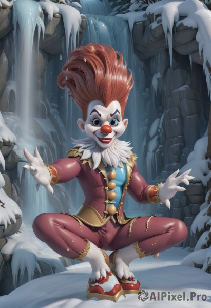 solo,looking at viewer,smile,gloves,1boy,full body,male focus,red hair,teeth,pants,artist name,white gloves,spread legs,water,orange hair,grin,fur trim,bodysuit,makeup,watermark,squatting,lipstick,web address,red lips,facepaint,waterfall,cave,afro,clown,1girl,long hair,breasts,open mouth,blue eyes,long sleeves,jacket,shoes,pointy ears,nail polish,colored skin,genderswap,red nails,snow,genderswap (mtf),epaulettes,curly hair,ice,rock,evil smile,pointy footwear