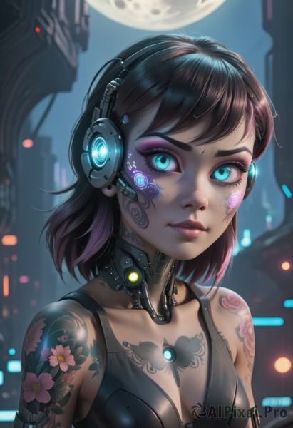 1girl,solo,breasts,looking at viewer,short hair,bangs,blue eyes,brown hair,black hair,cleavage,bare shoulders,closed mouth,collarbone,upper body,multicolored hair,small breasts,choker,artist name,medium hair,blurry,aqua eyes,lips,eyelashes,tattoo,makeup,night,blurry background,glowing,headphones,moon,tank top,lipstick,full moon,eyeshadow,headset,science fiction,nose,android,eyeliner,cable,arm tattoo,mechanical arms,shoulder tattoo,cyborg,single mechanical arm,robot joints,neon trim,mascara,cyberpunk,neck tattoo,mechanical parts,flower,outdoors,signature,watermark,web address,freckles