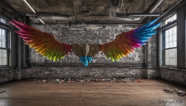 wings,day,indoors,no humans,window,bird,sunlight,scenery,door,hallway,broken window,signature,feathers,light rays,tiles,wall,tile floor,ruins,graffiti,spread wings,industrial pipe