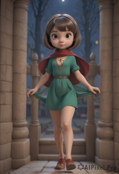 1girl,solo,looking at viewer,short hair,bangs,skirt,brown hair,dress,brown eyes,jewelry,standing,full body,short sleeves,hairband,outdoors,parted lips,sky,shoes,puffy sleeves,necklace,cape,blurry,tree,lips,bare legs,capelet,night,depth of field,blurry background,moon,sandals,bob cut,red footwear,child,full moon,green dress,skirt hold,red cape,female child,no socks,smile,black eyes,loli,sneakers,night sky,walking