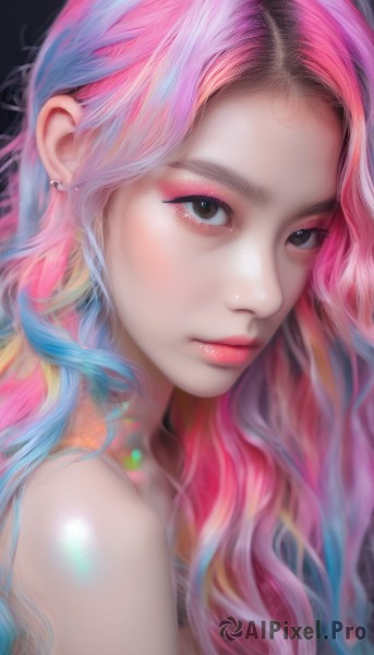 1girl,solo,long hair,looking at viewer,blonde hair,simple background,bare shoulders,brown eyes,jewelry,closed mouth,blue hair,upper body,pink hair,multicolored hair,earrings,black eyes,two-tone hair,lips,eyelashes,gradient hair,makeup,piercing,lipstick,portrait,eyeshadow,nose,eyeliner,mascara,rainbow hair,shiny,watermark,wavy hair,pink lips,realistic,red lips