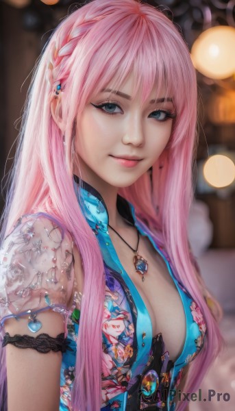 1girl,solo,long hair,breasts,looking at viewer,smile,bangs,blue eyes,hair ornament,dress,cleavage,jewelry,medium breasts,closed mouth,upper body,pink hair,braid,earrings,artist name,necklace,blurry,lips,grey eyes,eyelashes,makeup,depth of field,blurry background,piercing,floral print,gem,armband,side braid,armlet,pendant,pink lips,realistic,nose,mascara,open clothes,vest