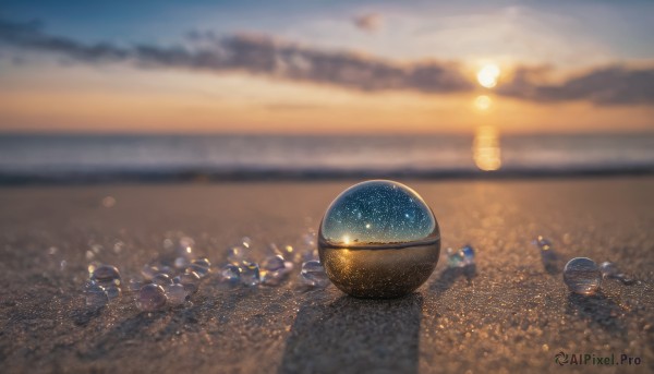 outdoors, sky, cloud, blurry, no humans, depth of field, star (sky), scenery, lens flare, reflection, sunset, sun