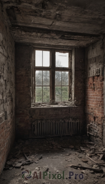 outdoors,day,indoors,tree,no humans,window,sunlight,scenery,wall,ruins,brick wall,broken,crack,broken glass,rubble,cracked wall,broken window,stairs,door,stone wall,brick