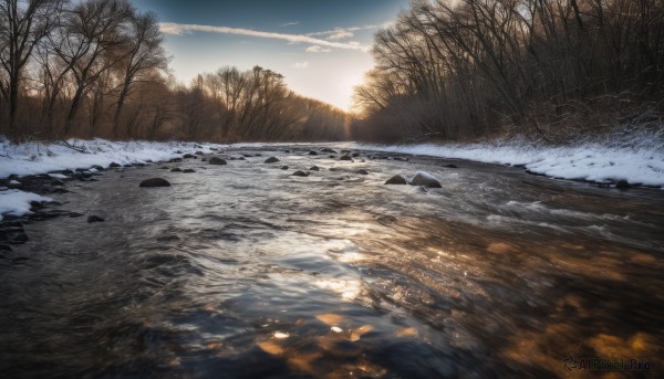 outdoors,sky,day,cloud,water,tree,blue sky,no humans,sunlight,cloudy sky,nature,scenery,snow,forest,reflection,sunset,rock,mountain,sun,winter,bare tree,river,landscape,sunrise