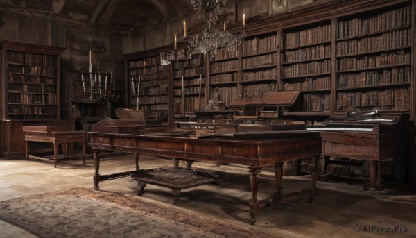 indoors,book,no humans,window,shadow,chair,table,sunlight,instrument,scenery,wooden floor,stairs,bookshelf,candle,stool,book stack,library,piano,ladder,carpet,candlestand,rug,chandelier,fireplace,grand piano,tiles,tile floor