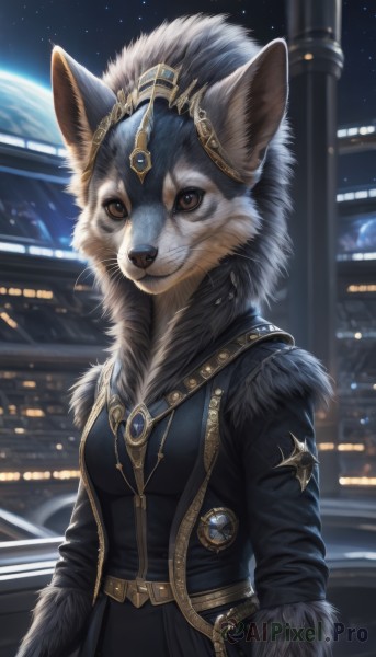 1girl,solo,breasts,looking at viewer,long sleeves,animal ears,brown eyes,jewelry,closed mouth,standing,jacket,upper body,outdoors,sky,belt,artist name,signature,necklace,blurry,coat,black jacket,fur trim,night,animal,brooch,gem,star (sky),night sky,furry,buckle,pendant,starry sky,fur collar,black coat,belt buckle,city,hands in pockets,furry female,space,body fur,white fur,planet,earth (planet),blue gemstone,black fur,fluffy,weapon,no humans,blurry background,realistic,fur,wolf