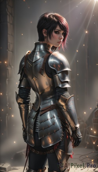 1girl,solo,looking at viewer,short hair,bangs,brown hair,black hair,gloves,brown eyes,standing,cowboy shot,boots,parted lips,looking back,pants,artist name,from behind,armor,black eyes,lips,sunlight,shoulder armor,gauntlets,pauldrons,light rays,breastplate,arms at sides,vambraces,red lips,armored boots,faulds,knight,full armor,embers,plate armor,closed mouth,weapon,sword,looking to the side,blood,knife,nose,greaves,pillar,chainmail