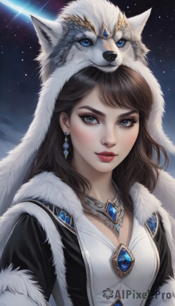 1girl,solo,long hair,breasts,looking at viewer,smile,blue eyes,brown hair,cleavage,jewelry,upper body,earrings,parted lips,open clothes,sky,hood,necklace,lips,grey eyes,fur trim,makeup,night,animal,crown,lipstick,gem,star (sky),night sky,eyeshadow,starry sky,dog,nose,on head,red lips,animal on head,fur,wolf,pelt,bangs,black hair,dress,closed mouth,artist name,signature,eyelashes