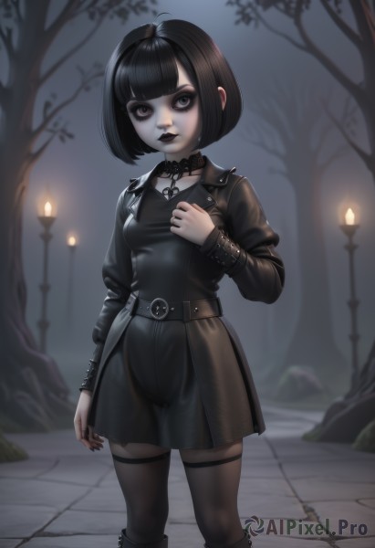 1girl,solo,breasts,looking at viewer,short hair,bangs,black hair,thighhighs,long sleeves,dress,jewelry,closed mouth,standing,jacket,pantyhose,small breasts,boots,outdoors,open clothes,choker,puffy sleeves,belt,artist name,hand up,blunt bangs,necklace,nail polish,black footwear,blurry,black eyes,black dress,open jacket,tree,lips,black jacket,fingernails,black pantyhose,makeup,night,blurry background,feet out of frame,black choker,short dress,bob cut,ring,knee boots,cross,lipstick,hand on own chest,pale skin,black nails,spikes,eyeshadow,arm at side,cropped jacket,black belt,brown pantyhose,eyeliner,bags under eyes,candle,leather,mascara,gothic,black lips,skirt,black thighhighs,black skirt,zettai ryouiki,grey eyes,cross-laced footwear,thighhighs under boots,pentagram,tombstone