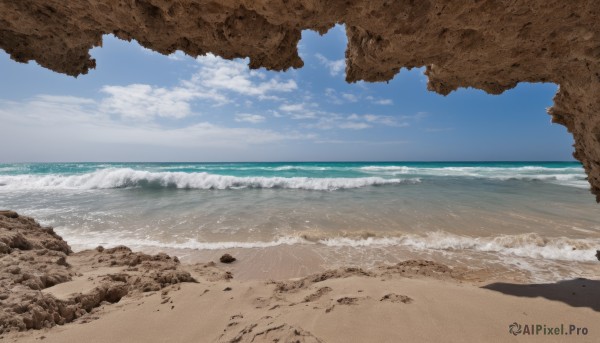 outdoors,sky,day,cloud,water,tree,blue sky,no humans,shadow,ocean,beach,cloudy sky,scenery,rock,sand,horizon,waves,shore