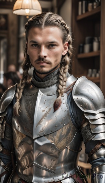 solo,long hair,looking at viewer,blonde hair,brown hair,1boy,brown eyes,closed mouth,upper body,braid,male focus,multicolored hair,solo focus,belt,indoors,armor,blurry,black eyes,twin braids,two-tone hair,lips,book,blurry background,facial hair,shoulder armor,gauntlets,beard,pauldrons,breastplate,realistic,mustache,bookshelf,old,dirty,old man,chainmail,plate armor,wrinkled skin,black hair,serious