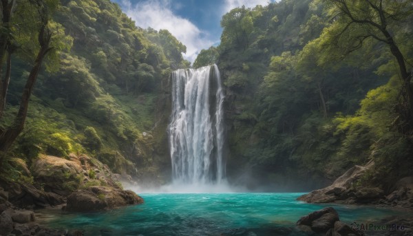 outdoors, sky, day, cloud, water, tree, blue sky, no humans, sunlight, nature, scenery, forest, rock, river, waterfall, landscape