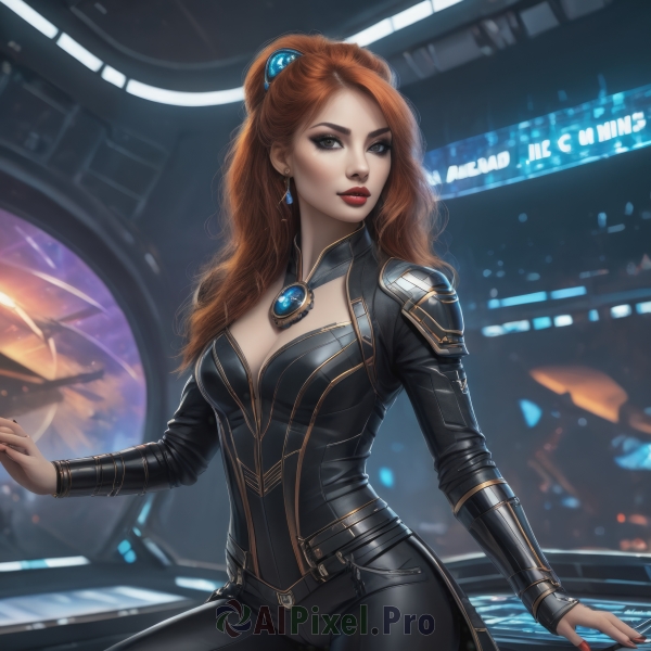 1girl,solo,long hair,breasts,looking at viewer,brown hair,hair ornament,long sleeves,cleavage,brown eyes,jewelry,medium breasts,sitting,ponytail,earrings,pants,artist name,nail polish,orange hair,lips,clothing cutout,bodysuit,makeup,watermark,black pants,cleavage cutout,lipstick,gem,science fiction,realistic,nose,black bodysuit,red lips,eyeliner,red hair,necklace,grey eyes,wavy hair,black nails,web address