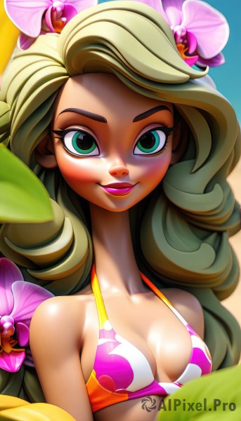 1girl,solo,long hair,breasts,looking at viewer,smile,blonde hair,hair ornament,cleavage,bare shoulders,medium breasts,green eyes,collarbone,swimsuit,upper body,flower,bikini,small breasts,green hair,hair flower,lips,eyelashes,makeup,leaf,lipstick,tan,eyeshadow,open mouth,parted lips,bikini top only,multicolored clothes,pink flower,pink bikini,strap gap,hibiscus