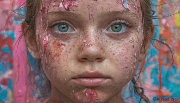 1girl,solo,looking at viewer,brown hair,brown eyes,closed mouth,green eyes,braid,parted lips,teeth,blurry,twin braids,lips,eyelashes,blurry background,portrait,close-up,freckles,realistic,eye focus,blue eyes,depth of field,nose,dirty