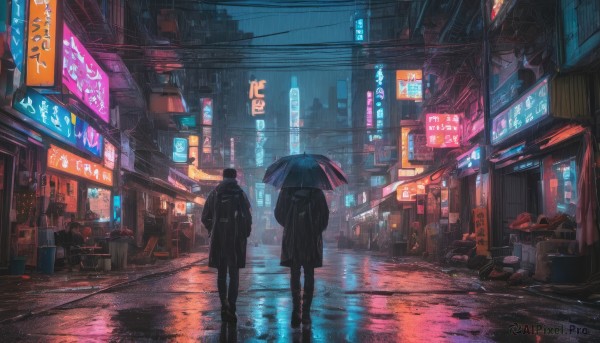 1girl, black hair, 1boy, holding, standing, outdoors, from behind, coat, dutch angle, night, umbrella, ground vehicle, building, scenery, motor vehicle, walking, rain, holding umbrella, city, sign, car, road, dark, street, puddle, cyberpunk, neon lights