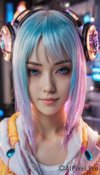 1girl,solo,long hair,looking at viewer,smile,bangs,blue eyes,shirt,closed mouth,blue hair,jacket,white shirt,upper body,pink hair,multicolored hair,open clothes,artist name,hood,blurry,two-tone hair,lips,eyelashes,aqua hair,gradient hair,makeup,depth of field,blurry background,headphones,portrait,realistic,nose,short hair,hair ornament,collarbone,headgear,light smile,pink lips,bokeh