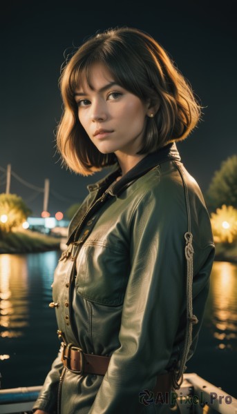 1girl,solo,looking at viewer,short hair,bangs,brown hair,black hair,long sleeves,brown eyes,jewelry,jacket,upper body,earrings,outdoors,parted lips,belt,pants,water,blurry,black eyes,from side,lips,looking to the side,night,depth of field,blurry background,bob cut,denim,buckle,zipper,reflection,jeans,realistic,nose,brown belt,watercraft,leather,boat,denim jacket,shirt,closed mouth,standing,open clothes,artist name,necklace,backlighting,freckles,belt buckle,river,leather jacket