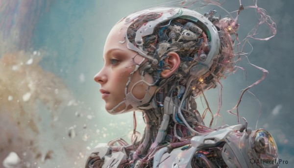 1girl,solo,blue eyes,parted lips,blurry,from side,lips,profile,blurry background,robot,portrait,science fiction,realistic,nose,android,cable,cyborg,damaged,cyberpunk,mechanical parts,machinery,joints,bald,robot joints,wire