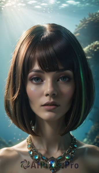 1girl,solo,looking at viewer,short hair,bangs,blue eyes,brown hair,black hair,bare shoulders,jewelry,collarbone,upper body,multicolored hair,outdoors,parted lips,green hair,day,artist name,water,necklace,blurry,lips,streaked hair,wet,blurry background,watermark,sunlight,bob cut,gem,portrait,freckles,light rays,underwater,realistic,nose,wet hair,blunt bangs,eyelashes,makeup