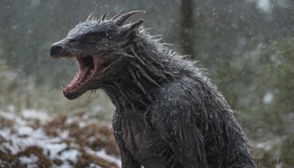 solo,open mouth,yellow eyes,outdoors,horns,teeth,tongue,blurry,from side,tree,no humans,blurry background,fangs,sharp teeth,claws,snow,monster,snowing,scales,kaijuu,upper body,dragon