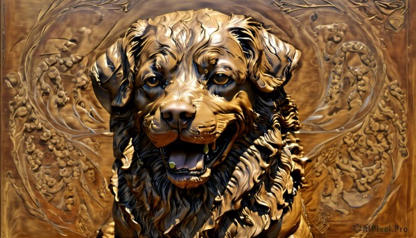 HQ,solo,looking at viewer,open mouth,1boy,male focus,teeth,signature,no humans,from above,beard,brown background,monster,fantasy,tiger,brown theme,lion,brown eyes,fangs,portrait,realistic,yellow theme