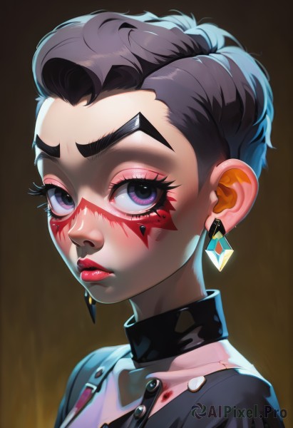 1girl,solo,looking at viewer,short hair,black hair,jewelry,purple eyes,jacket,upper body,earrings,lips,eyelashes,blood,makeup,facial mark,thick eyebrows,lipstick,portrait,forehead,eyeshadow,brown background,nose,red lips,eyeliner,facepaint,mascara,closed mouth,multicolored hair,mole,two-tone hair,asymmetrical hair,very short hair,undercut