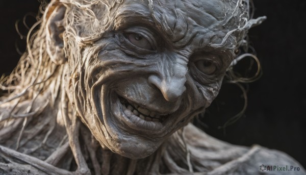 solo,looking at viewer,smile,simple background,1boy,male focus,teeth,grin,black eyes,black background,portrait,1other,monster,realistic,horror (theme),close-up,veins