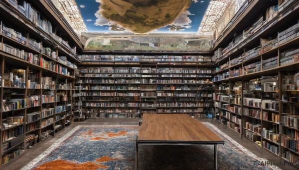 sky,day,cloud,indoors,book,no humans,window,scenery,bookshelf,planet,shelf,library,earth (planet),shop,globe,vanishing point,blue sky,petals,sunlight,building,stairs,railing,ladder