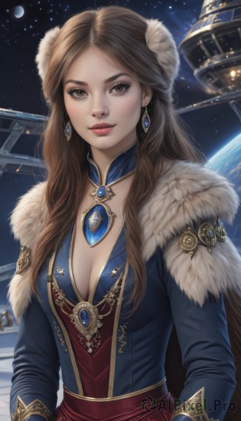 1girl,solo,long hair,breasts,looking at viewer,smile,brown hair,hair ornament,gloves,long sleeves,dress,cleavage,brown eyes,jewelry,medium breasts,upper body,earrings,sky,cape,lips,fur trim,makeup,night,blue dress,moon,brooch,gem,star (sky),starry sky,freckles,realistic,nose,space,planet,earth (planet),spacecraft,blush,bangs,parted lips,necklace,parted bangs,lipstick