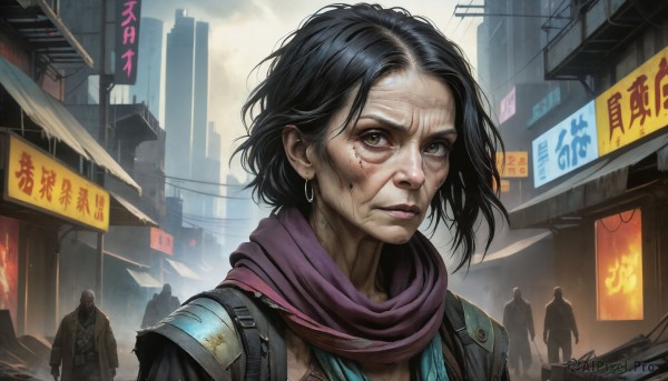 HQ,1girl,looking at viewer,short hair,black hair,1boy,brown eyes,jewelry,closed mouth,upper body,earrings,outdoors,multiple boys,sky,solo focus,medium hair,scarf,armor,mole,lips,scar,cloudy sky,fire,shoulder armor,building,scar on face,rain,hoop earrings,city,realistic,scar across eye,bald,old,dirty,dirty face,purple scarf,old woman,yellow eyes,torn clothes,blood,smoke,blood on face,sign,cyberpunk