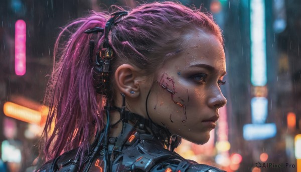 1girl, solo, long hair, blue eyes, jewelry, ponytail, pink hair, earrings, blurry, from side, lips, profile, portrait, freckles, science fiction, rain, realistic, nose, android, cable, cyborg, cyberpunk, neon lights