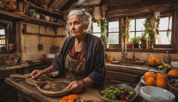 1girl,solo,short hair,blue eyes,holding,jewelry,closed mouth,white hair,grey hair,food,day,indoors,necklace,hair bun,apron,bracelet,lips,window,fruit,table,single hair bun,knife,plant,plate,bowl,realistic,basket,potted plant,carrot,bread,old,old man,cooking,shelf,ladle,orange (fruit),kitchen,jar,vegetable,sink,counter,old woman,stove,soup,potato,kitchen knife,cutting board,onion,dress,artist name,signature,bangle,candle,wrinkled skin