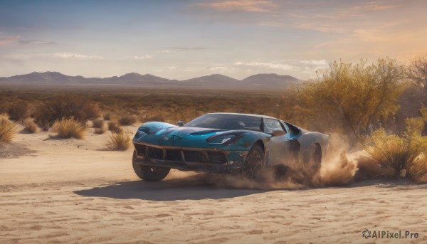 outdoors,sky,cloud,tree,no humans,shadow,ground vehicle,nature,scenery,motor vehicle,smoke,mountain,realistic,car,road,vehicle focus,desert,dust,wheel,sports car,forest,sunset,mountainous horizon