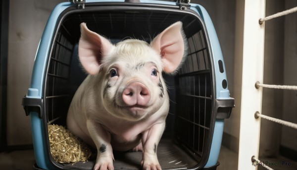 HQ,looking at viewer,blue eyes,closed mouth,indoors,black eyes,no humans,animal,realistic,animal focus,coin,mouse,gold,whiskers,hamster,solo,chair,door