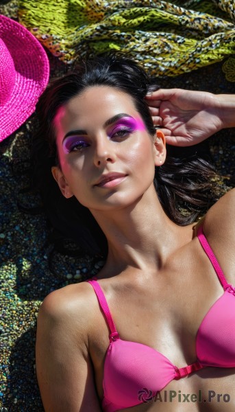 1girl,solo,long hair,breasts,looking at viewer,smile,black hair,brown eyes,jewelry,medium breasts,closed mouth,underwear,collarbone,swimsuit,upper body,bikini,earrings,small breasts,lying,on back,bra,mole,lips,makeup,eyeshadow,realistic,pink bra,pink bikini,blue eyes,parted lips