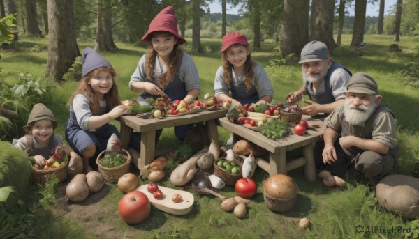 long hair,smile,open mouth,blue eyes,multiple girls,blonde hair,brown hair,shirt,hat,holding,2girls,twintails,sitting,white shirt,braid,:d,boots,outdoors,food,multiple boys,day,pointy ears,3girls,2boys,looking at another,apron,twin braids,tree,fruit,facial hair,brown footwear,table,squatting,3boys,grass,nature,hair over shoulder,red headwear,beard,sleeves rolled up,forest,mustache,apple,basket,overalls,carrot,mushroom,old,old man,grapes,tomato,vegetable,potato,onion,white hair,pants,signature,vest,plant,4boys,realistic,garden