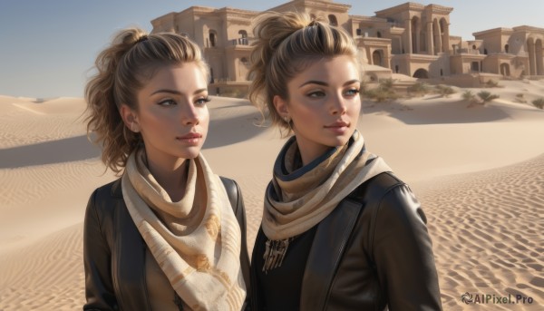 smile,short hair,blue eyes,multiple girls,blonde hair,brown hair,2girls,brown eyes,jewelry,closed mouth,jacket,upper body,ponytail,earrings,outdoors,sky,day,necklace,scarf,looking at another,lips,black jacket,looking to the side,siblings,sisters,building,twins,realistic,nose,sand,desert,scenery,curly hair,road