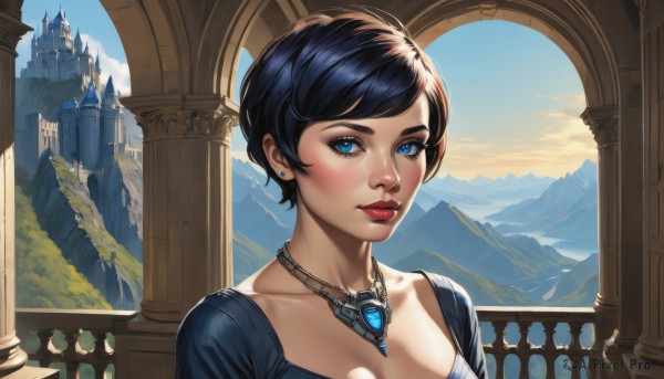 1girl,solo,breasts,looking at viewer,short hair,bangs,blue eyes,black hair,cleavage,jewelry,medium breasts,closed mouth,collarbone,upper body,earrings,outdoors,sky,day,cloud,necklace,lips,eyelashes,makeup,swept bangs,lipstick,gem,pendant,mountain,nose,fantasy,red lips,stud earrings,pillar,castle,arch,blush,blue hair,blue sky,portrait,freckles