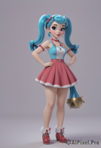 1girl,solo,long hair,breasts,looking at viewer,blush,smile,bangs,blue eyes,skirt,simple background,shirt,hair ornament,cleavage,bare shoulders,twintails,jewelry,medium breasts,blue hair,standing,collarbone,full body,pleated skirt,earrings,boots,parted lips,shoes,sleeveless,choker,artist name,grey background,necklace,high heels,lips,eyelashes,sleeveless shirt,aqua hair,makeup,shadow,red skirt,lipstick,red footwear,armband,pink skirt,hands on hips,high-waist skirt,red lips,ankle boots,white background,very long hair,mole,bell