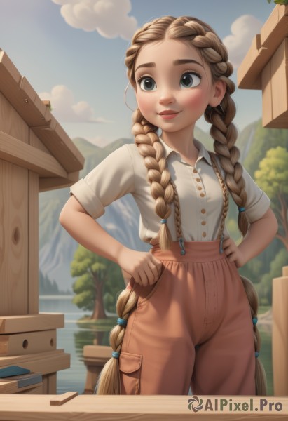 1girl,solo,long hair,breasts,blush,smile,blue eyes,brown hair,shirt,twintails,very long hair,closed mouth,standing,white shirt,braid,short sleeves,cowboy shot,small breasts,outdoors,sky,day,collared shirt,pants,artist name,cloud,water,blurry,twin braids,tree,blue sky,lips,looking to the side,grey eyes,book,dress shirt,buttons,blurry background,looking away,table,light brown hair,thick eyebrows,suspenders,hair over shoulder,forehead,freckles,pocket,hands on hips,mountain,overalls,nose