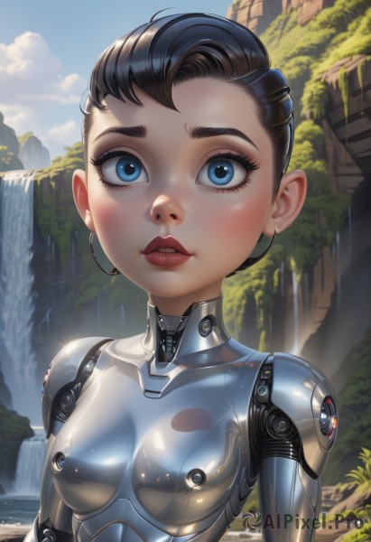 1girl,solo,breasts,looking at viewer,blush,short hair,blue eyes,brown hair,black hair,upper body,small breasts,outdoors,parted lips,sky,day,shiny,cloud,water,blue sky,lips,bodysuit,skin tight,freckles,science fiction,shiny clothes,android,joints,cyborg,waterfall,jewelry,earrings,teeth,signature,armor,eyelashes,makeup,forehead,eyeshadow,nose,eyeliner,very short hair,robot joints,mascara,cyberpunk