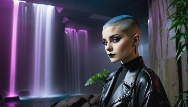 1girl,solo,short hair,1boy,jewelry,blue hair,jacket,upper body,male focus,multicolored hair,earrings,dark skin,water,two-tone hair,black jacket,makeup,cross,plant,lipstick,eyeshadow,very short hair,leather,undercut,cross earrings,waterfall,leather jacket,gothic,mohawk,black lips,buzz cut,purple eyes,lips,leaf,realistic