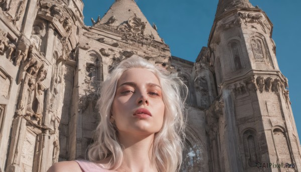 1girl,solo,long hair,looking at viewer,blue eyes,white hair,outdoors,parted lips,sky,day,blue sky,lips,half-closed eyes,from below,building,portrait,scenery,realistic,ruins,statue,arch,blonde hair,architecture