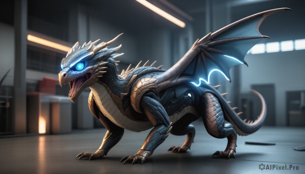 HQ,solo,open mouth,blue eyes,tail,full body,wings,teeth,indoors,blurry,pokemon (creature),no humans,blurry background,glowing,fangs,sharp teeth,building,glowing eyes,claws,monster,city,dragon,scales,dinosaur,kaijuu,standing,tongue